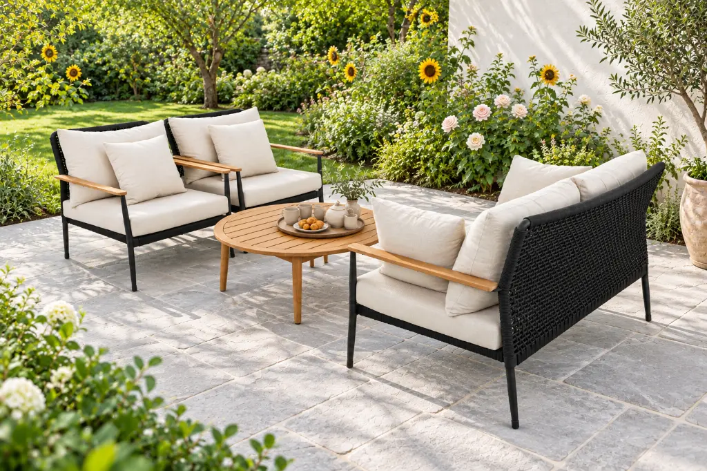 Bộ sofa đan đen giữa vườn.webp